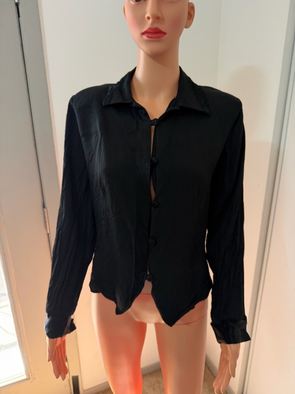 Vintage Black Sheer Blouse 90s Minimalist Button Front Size M